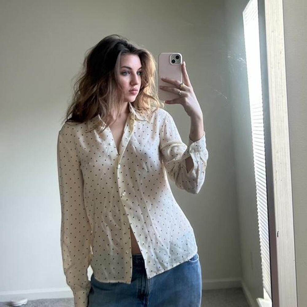 Vintage cream 100% SILK square dot button up blouse